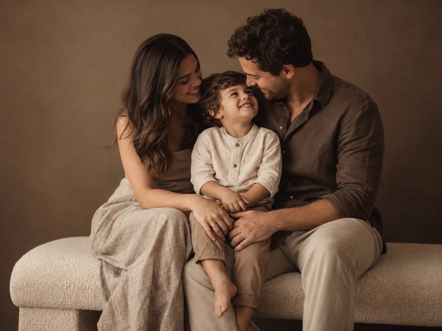 Pais e filho reunidos em um retrato de família no estúdio
